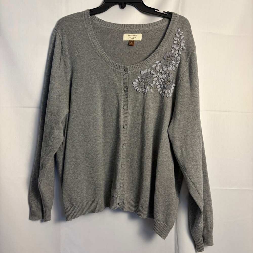 Sonoma Life + Style Gray Cotton Floral Embroidered Beaded Cardigan Sweater 2X